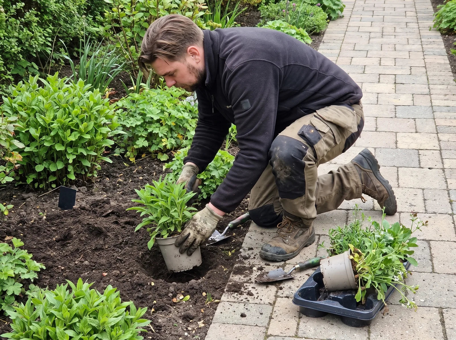 Havemand: anlægsgartneren planter stauder i et nyanlagt bed med en plantespade