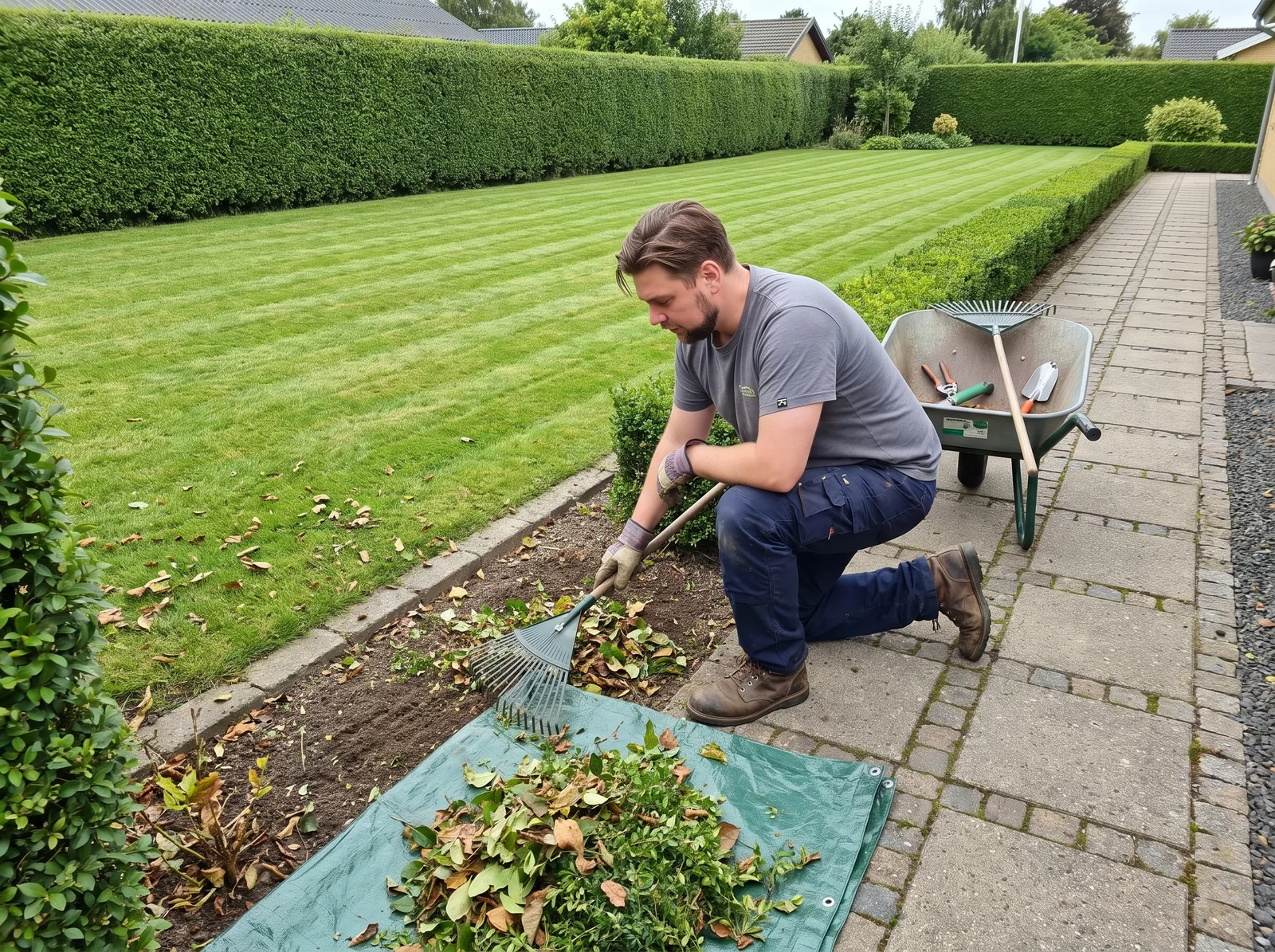 Haveservice: anlægsgartneren river bedet rent for blade som del af den faste haveaftale
